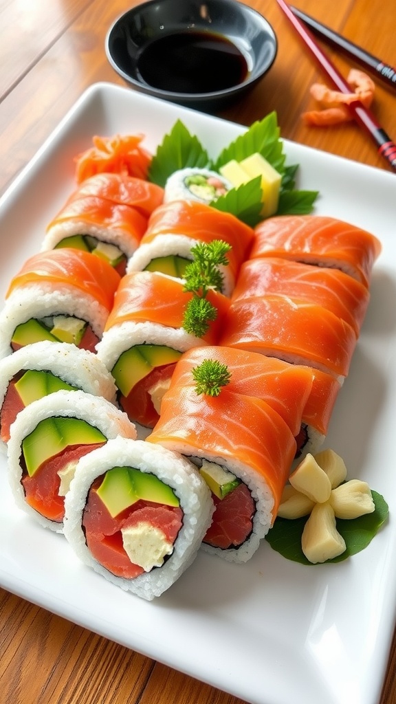 A plate of fresh salmon sushi rolls with avocado, served with soy sauce and pickled ginger on a wooden table.